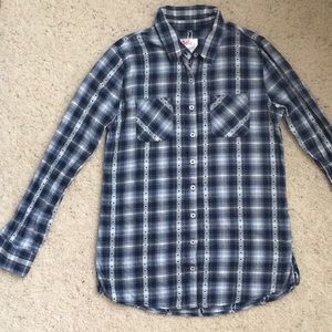 Size 16. Dark blue button down plaid.